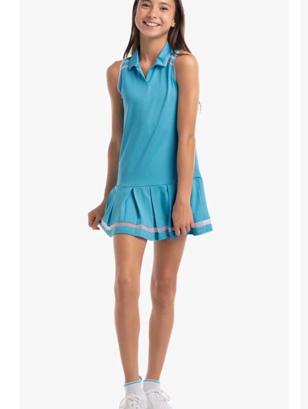 Sleeveless Turquoise Swim Dress with Pleated Skirt